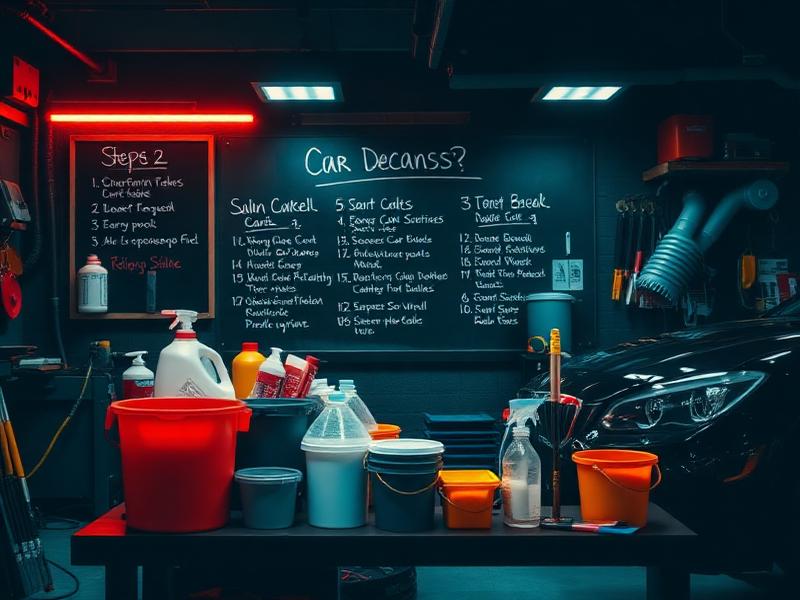Bancada organizada com produtos e passo a passo de estética automotiva